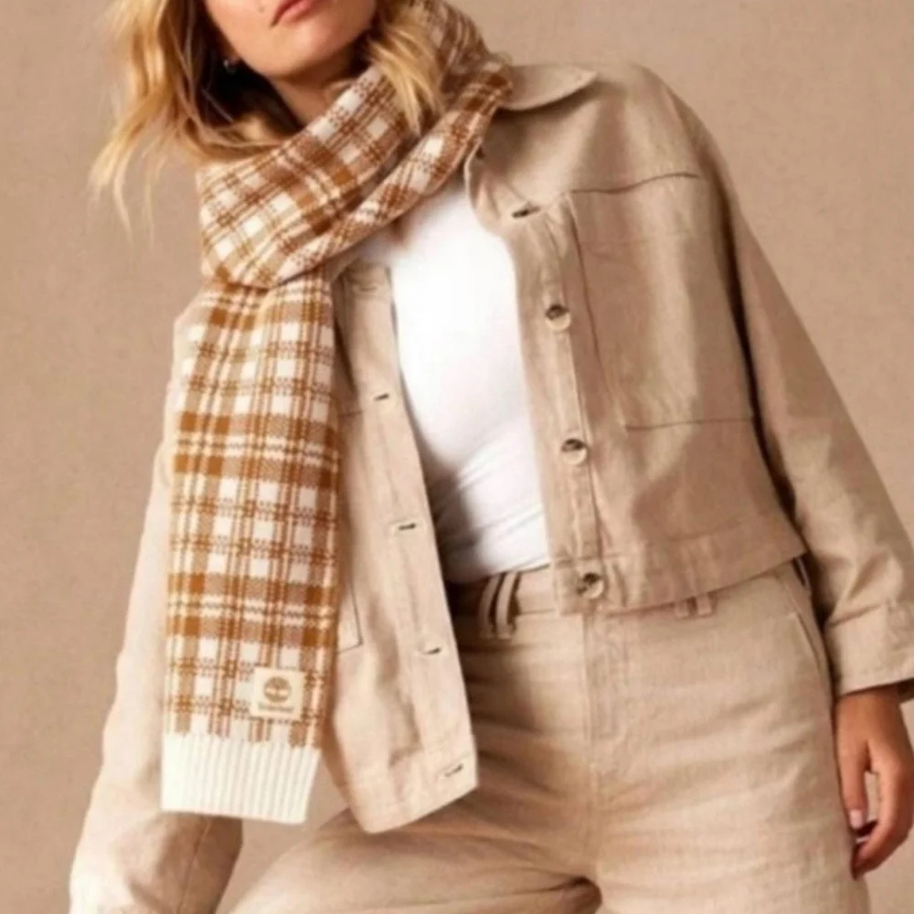 Timberland Gold And Cream Acrylic Plaid Scarf - New With‎ Tags - Cozy Knit
